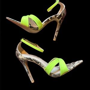 Neon Green Snake Print Heels pointy open toe ankle strap stilettos 7.5